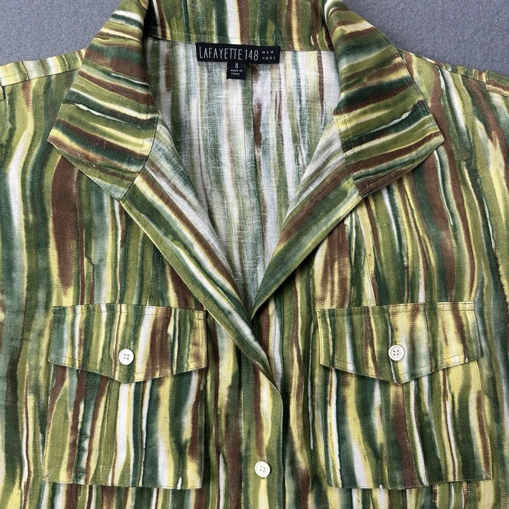 Lafayette 148 Shirt Women 8 Green Brown Linen Stripe Button Up 3/4 Sleeve Pocket - Picture 2 of 8